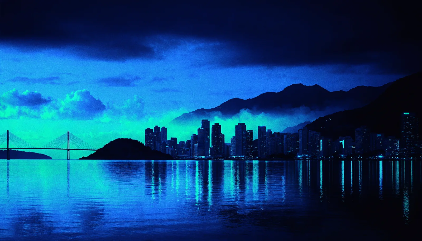 Skyline costeiro em duotone azul — Vitória, Espírito Santo, casa da Turbo